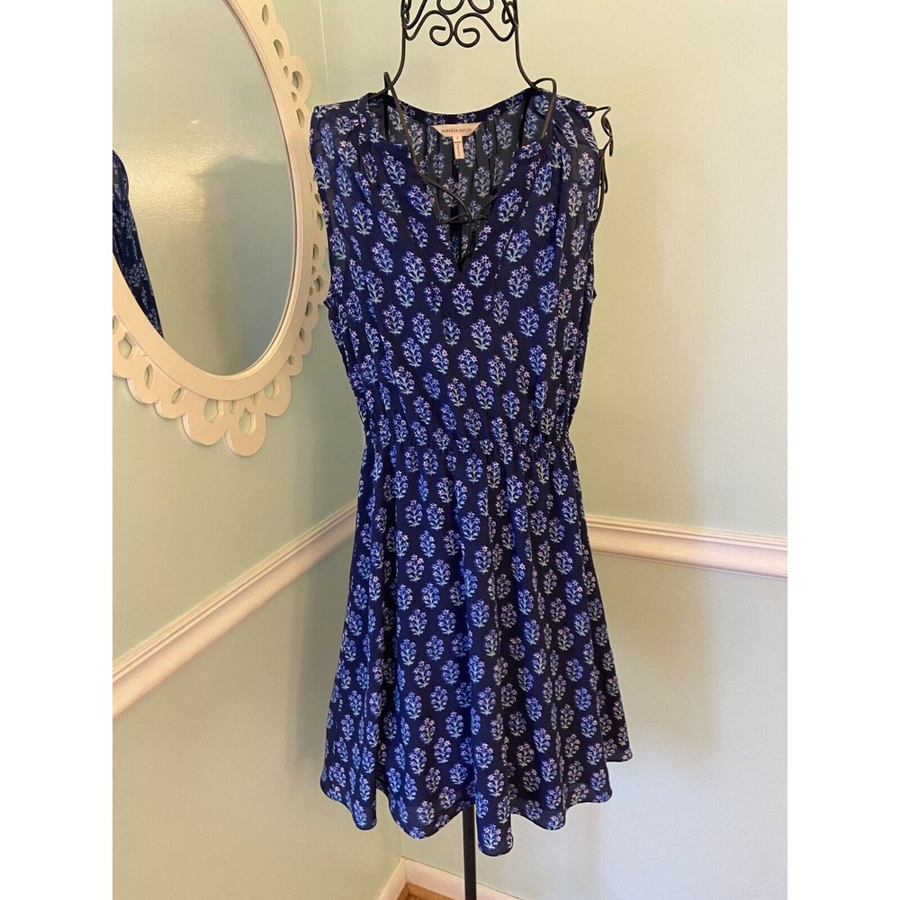 Rebecca Taylor navy blue floral‎ V-neck sleeveless silk dress 4